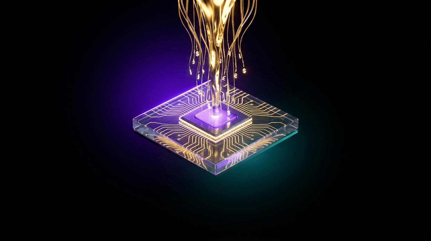 Chip AI illuminato da flussi di luce dorata su sfondo nero, illustrazione editoriale