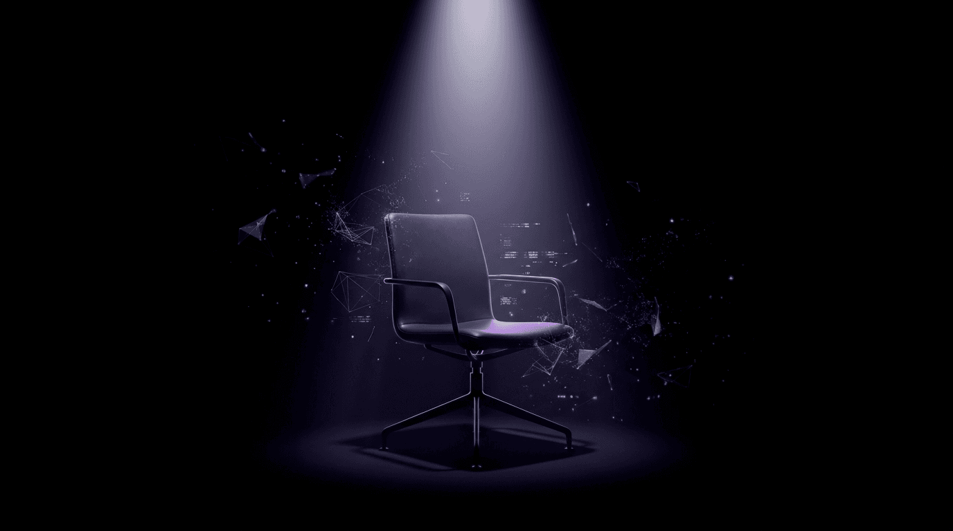 Sedia da ufficio vuota sotto un cono di luce, particelle che si dissolvono nel nero, illustrazione editoriale