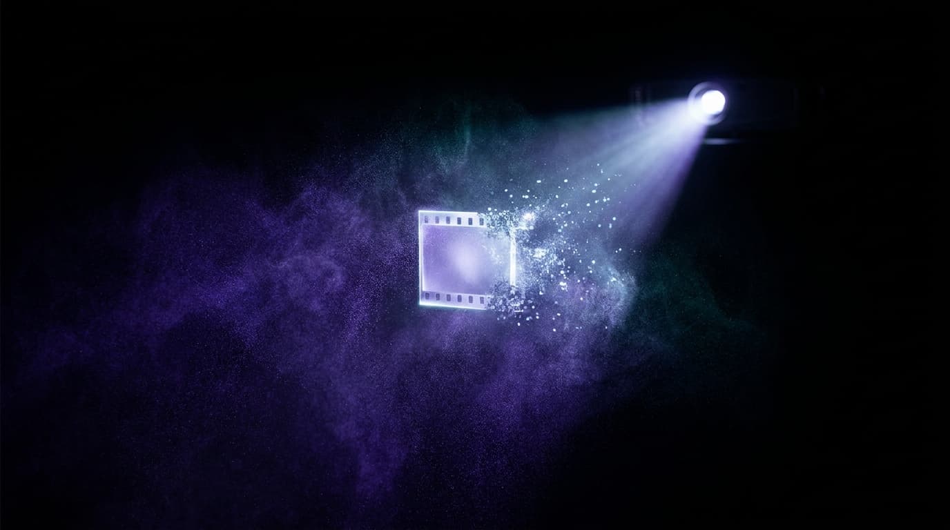 Fascio di luce di un proiettore che taglia il buio, un singolo fotogramma luminoso che si dissolve in particelle, illustrazione editoriale