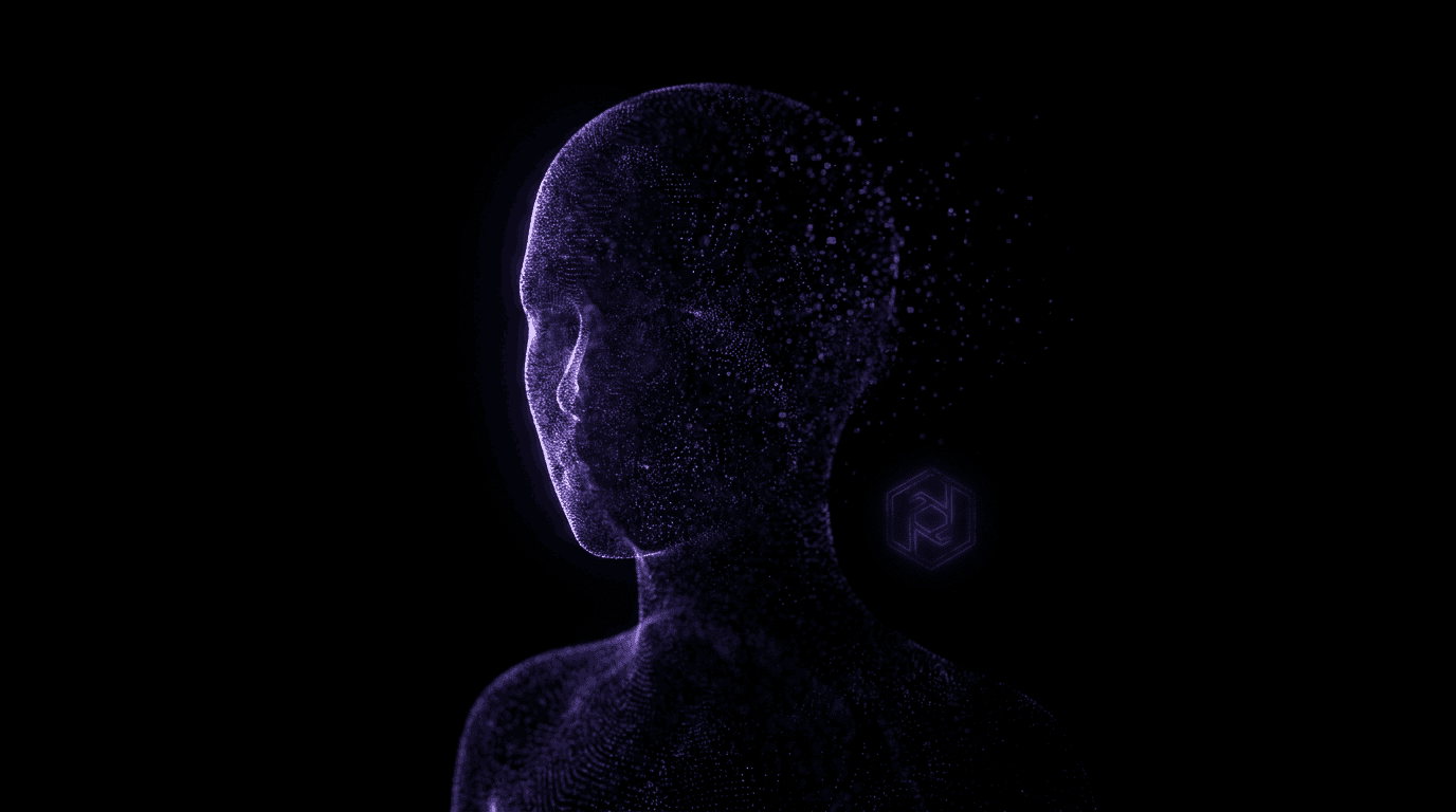 Un volto umano translucido che si forma da migliaia di particelle di luce, una metà nitida e una che si dissolve in pixel, accanto un sigillo geometrico luminoso