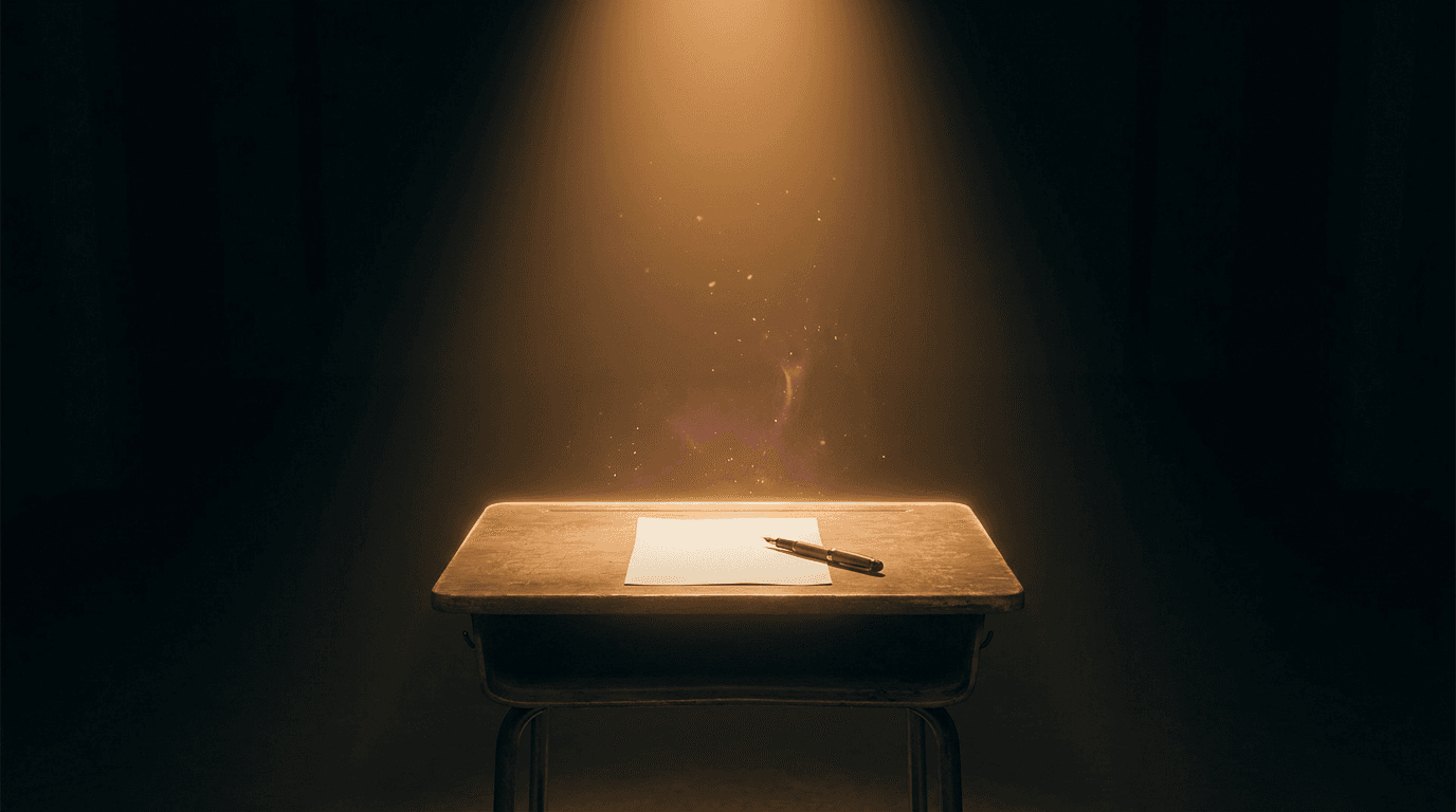 Un banco d'esame vuoto in una sala buia, un foglio bianco e una penna sotto un fascio di luce ambrata, particelle luminose che si sollevano dalla pagina