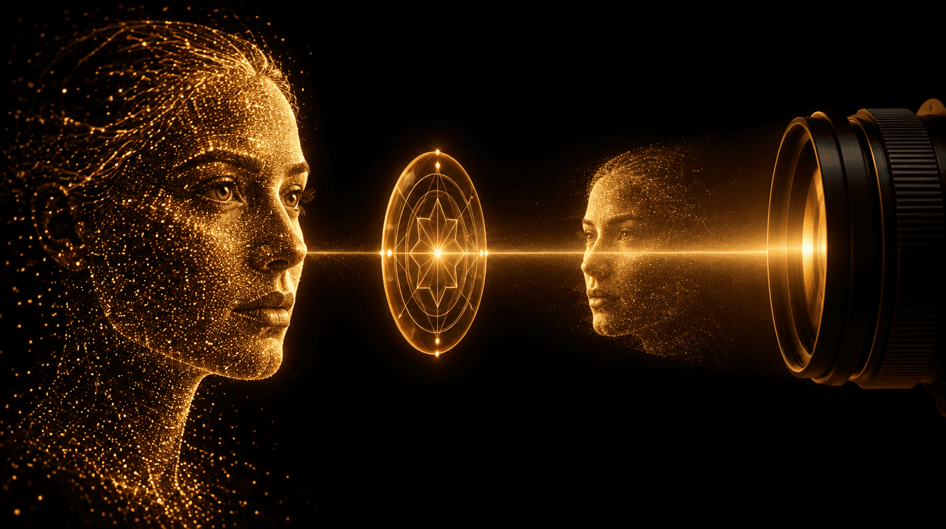 Un volto fatto di particelle di luce dorata, un sigillo luminoso e un obiettivo che ne ridisegna la copia: la luce passa dal sigillo prima di arrivare al volto, illustrazione editoriale