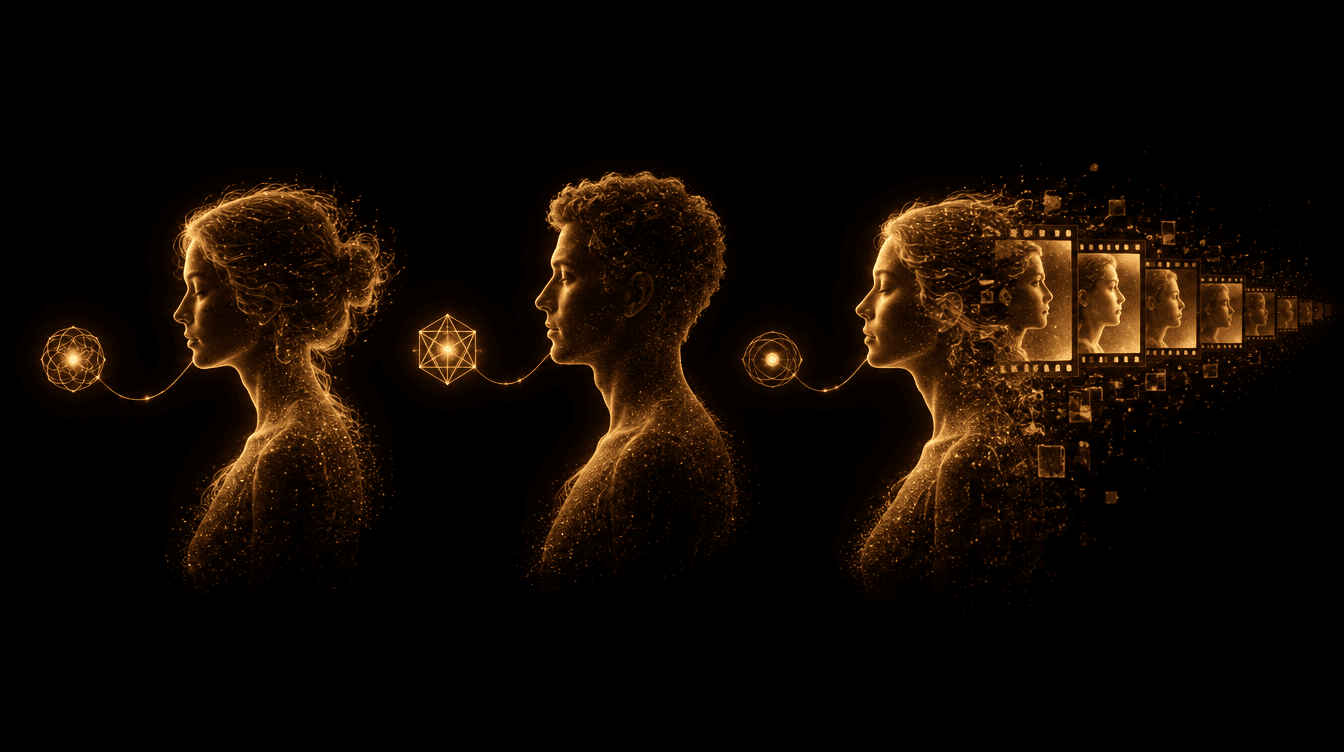 Tre profili umani fatti di particelle di luce dorata, ognuno legato al proprio sigillo luminoso; l'ultimo si trasforma in una sequenza di fotogrammi, illustrazione editoriale
